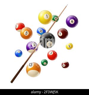 Palline da biliardo e cue 3d vettore realistico. Palline da biliardo di vari colori con cifre che volano in aria, stecca di legno isolata su sfondo bianco. Snooker o Illustrazione Vettoriale