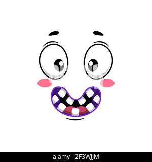 Icona vettoriale isolata del volto del cartone animato, emoji facciali del sorriso ampio di divertente creatura stupida. Emozione felice, faccia comica con bocca sorridente toothy e occhio rotondo Illustrazione Vettoriale