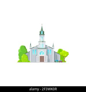 Chiesa cristiana isolata cappella cattolica icona cartoon. Facciata vettoriale esterna con alberi e veicolo, cattedrale o monastero evangelico o ortodosso bu Illustrazione Vettoriale