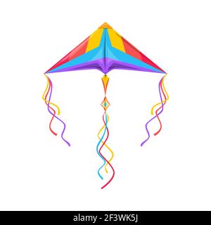 Aquilone a forma di triangolo con corde in cielo isolato giocattolo per bambini. Vettore cartoon volare oggetto in cielo. Attività estive all'aperto oggetto, aquilone-palloncino Flo Illustrazione Vettoriale