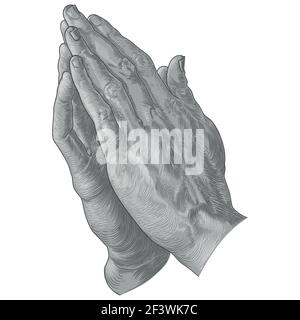 Scala di grigi che prega le mani piegate disegno vettoriale, mani prete che pregano, tutto su sfondo bianco Illustrazione Vettoriale