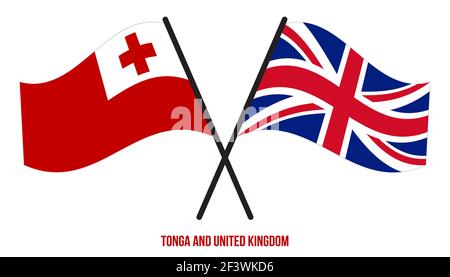 Tonga e Regno Unito Bandiere incrociate e ondulate stile piatto. Proporzione ufficiale. Colori corretti. Illustrazione Vettoriale