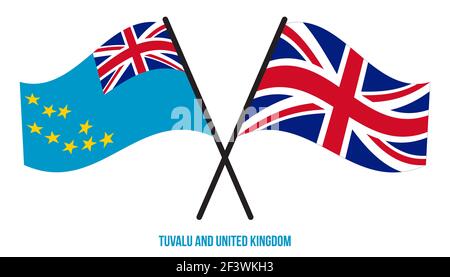 Tuvalu e Regno Unito Bandiere incrociate e ondulate stile piatto. Proporzione ufficiale. Colori corretti. Illustrazione Vettoriale