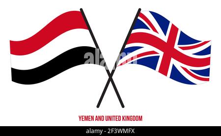 Yemen e Regno Unito Bandiere incrociate e ondulate stile piatto. Proporzione ufficiale. Colori corretti. Illustrazione Vettoriale