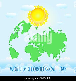 Banner giornata meteorologica mondiale. Biglietto d'auguri con mappa della terra, sole, nuvole e testo su sfondo blu. Scienza della meteorologia. Illustrazione vettoriale stock Illustrazione Vettoriale