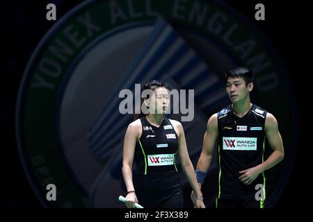 Malaysia's Chan Peng Soon (a destra) e Goh Liu Ying durante la loro partita contro Mathias Thyrri e mai Surrow in Danimarca il secondo giorno dello YONEX All England Open Badminton Championships all'Utilita Arena Birmingham. Data immagine: Giovedì 18 marzo 2021. Foto Stock