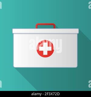 Kit di pronto soccorso. Scatola bianca isolata su sfondo blu-verde. Illustrazione vettoriale. Illustrazione Vettoriale