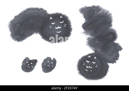 Silhouette di gatti addormentati e sorridenti su sfondo bianco, illustrazione di inchiostro nero naturale giapponese, immagine acquerello, linea astratta arte Foto Stock