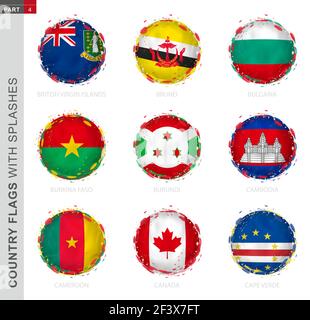 Collezione di bandiere, bandiera rotonda con spruzzi. 9 bandiere vettoriali: Isole Vergini britanniche, Brunei, Bulgaria, Burkina Faso, Burundi, Cambogia, Camerun, Illustrazione Vettoriale