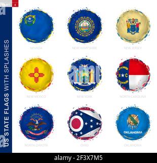 Collezione di bandiere dello Stato DEGLI STATI UNITI, bandiera rotonda con spruzzi. 9 bandiere vettoriali: Nevada, New Hampshire, New Jersey, New Mexico, New York, Carolina del Nord, N. Illustrazione Vettoriale