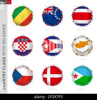 Collezione di bandiere, bandiera rotonda con spruzzi. 9 bandiere vettoriali: Congo, Isole Cook, Costa Rica, Croazia, Cuba, Cipro, Repubblica Ceca, Danimarca, Dji Illustrazione Vettoriale
