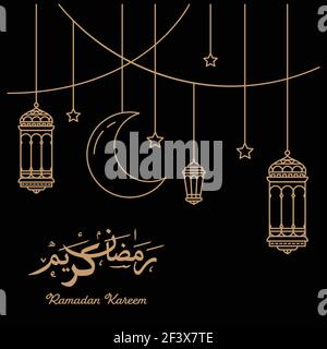 Celebrazione del Ramadan con lanterne appese in stile monolinea su sfondo scuro. Traduzione 'Ramadan kareem'. Illustrazione vettoriale Illustrazione Vettoriale