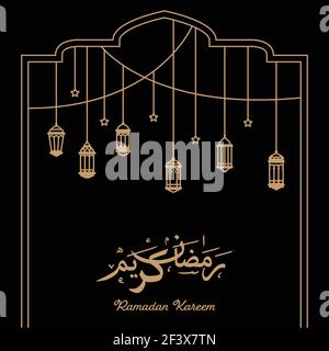 Celebrazione del Ramadan con lanterne appese in stile monolinea su sfondo scuro. Traduzione 'Ramadan kareem'. Illustrazione vettoriale Illustrazione Vettoriale
