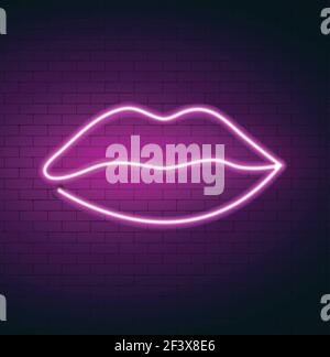Labbra al neon su sfondo muro di mattoni. Illustrazione vettoriale delle labbra rosa. Luce al neon a forma di labbro. Illustrazione Vettoriale