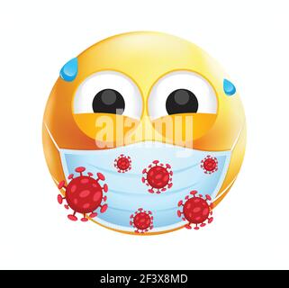 Emoticon di alta qualità su sfondo bianco. Emoji con occhi ampi. Faccia con maschera medica e emoji virus. Emoji viso giallo con vettore batterico. Illustrazione Vettoriale