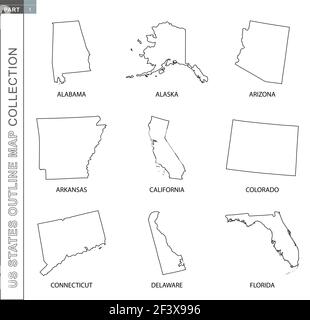 Mappe della collezione degli stati Uniti, nove mappe vettoriali con linee nere di Alabama, Alaska, Arizona, Arkansas, California, Colorado, Connecticut, Delaware, Illustrazione Vettoriale