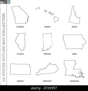 Mappe della collezione degli stati Uniti, nove mappe vettoriali con linee nere di Georgia, Hawaii, Idaho, Illinois, Indiana, Iowa, Kansas, Kentucky, Louisiana Illustrazione Vettoriale