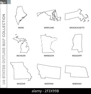 Mappe della collezione degli stati Uniti, nove carte vettoriali nere di Maine, Maryland, Massachusetts, Michigan, Minnesota, Mississippi, Missouri, Monta Illustrazione Vettoriale