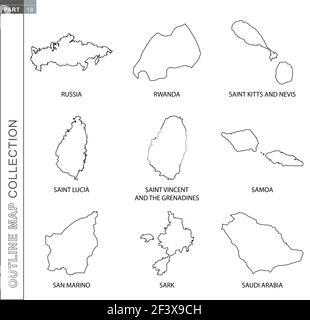 Raccolta di mappe, nove carte vettoriali nere di Russia, Ruanda, Saint Kitts e Nevis, Saint Lucia, Saint Vincent e Grenadine, Samoa, S. Illustrazione Vettoriale