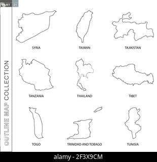 Raccolta di mappe vettoriali, nove carte vettoriali nere di Siria, Taiwan, Tagikistan, Tanzania, Thailandia, Tibet, Togo, Tonga, Trinidad e Tobago, Tunisi Illustrazione Vettoriale