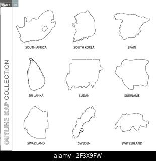 Raccolta di mappe vettoriali, nove carte vettoriali nere di Sudafrica, Corea del Sud, Spagna, Sri Lanka, Sudan, Suriname, Swaziland, Svezia, Svizzera Illustrazione Vettoriale