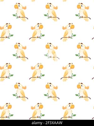 modello vettoriale senza giunture con cockatoo australiano che si trova su una diramazione. Divertente pappagallo luminoso, per la stampa su t-shirt, imballaggio, carta, poster. Carino uccello carattere in uno stile piatto. Bianco isolato Illustrazione Vettoriale