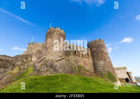 Il muro fortificato medievale di Conwy Castle, Galles Foto Stock