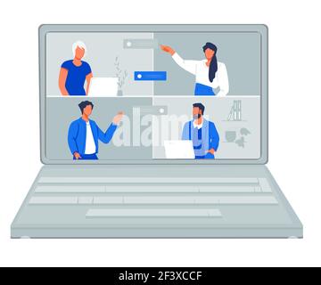 Computer portatile con persone che parlano in videoconferenza, immagine vettoriale piatta isolata. Illustrazione Vettoriale