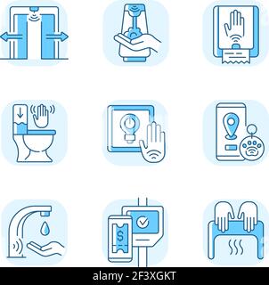 Set di icone a colori RGB blu con tecnologia Contactless Illustrazione Vettoriale