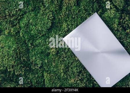 Laptop su erba verde, sfondo muschio. Viaggi ecologici, lavoro fuori ufficio concetto. Consapevolezza, design biofilo, concetto di scollegamento. Detox digitale Foto Stock