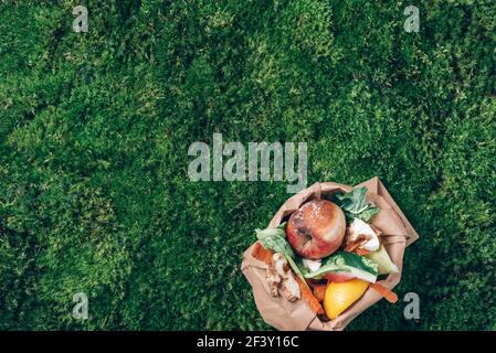 Vista dall'alto. Rifiuti di cibo da cucina raccolti in borsa di carta artigianale. Verdure sbucciate su erba verde, fondo muschio. Vita sostenibile, senza sprechi Foto Stock