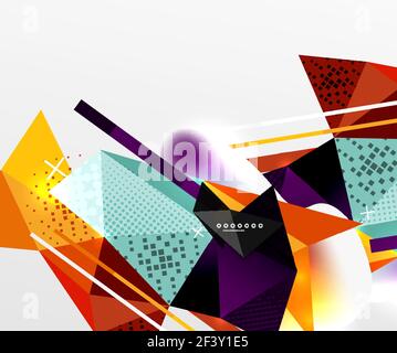 Sfondo geometrico astratto, elementi triangolari poligonali, linee e texture materiali, elementi olografici. Sfondo geometrico astratto, elementi triangolari poligonali, linee e texture materiali, elementi olografici. Modello astratto vettoriale moderno Illustrazione Vettoriale
