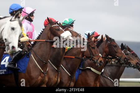 Corridori e piloti si riuniscono per l'inizio del Pertemps Network Final handicap hurdle durante il terzo giorno del Cheltenham Festival all'ippodromo di Cheltenham. Data immagine: Giovedì 18 marzo 2021. Foto Stock