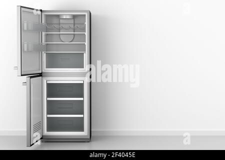 Modern open frigo vuoto nella parte anteriore della parete bianca. 3d illustrazione Foto Stock