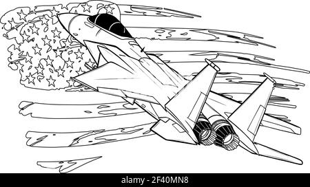 Pesca in bianco e nero di aerei da combattimento militari con bandiera americana. Illustrazione vettoriale Illustrazione Vettoriale