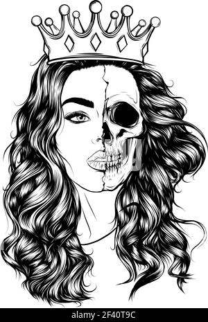 Draw in nero e bianco di Skull faccia ragazza con una corona con capelli verdi Illustrazione Vettoriale