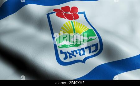 Illustrazione 3D di una bandiera sventolante della città di Israele di Karmiel Foto Stock