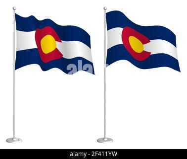 Bandiera dello stato americano del Colorado su flagpole che ondono nel vento. Elemento di design per le vacanze. Punto di verifica per i simboli della mappa. Vettore isolato su sfondo bianco Illustrazione Vettoriale