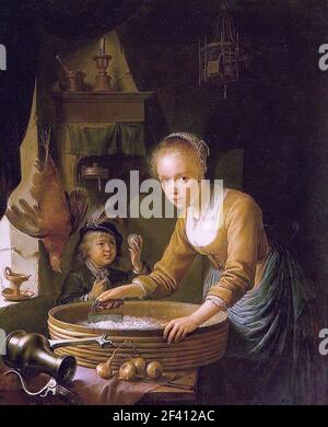 Gerrit Dou - ragazza tritare cipolle Foto Stock