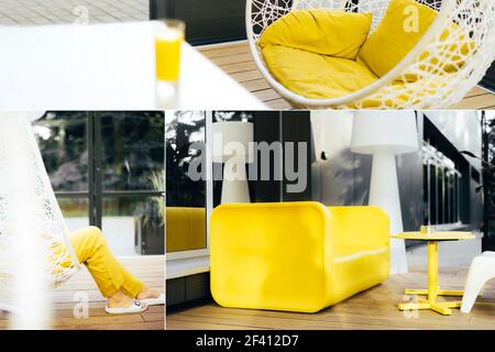 Collage ispirato ai colori trendy dell'anno 2021. Giallo luminoso e grigio estremo. Combinazione di design di stile. Duotono. Psicologia del colore Foto Stock