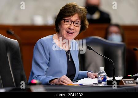 Il Sen. Susan Collins, R-Maine, parla durante un'audizione del Comitato di Salute, Educazione, lavoro e pensioni del Senato sulla risposta del coronavirus federale su Capitol Hill a Washington, giovedì 18 marzo 2021. (Foto di Susan Walsh/Pool/Sipa USA) Foto Stock