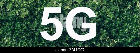Iscrizione 5G su muschio, sfondo verde erba. Vista dall'alto. Banner. Concetto di biofilia. Internet di rete, concetto di business wireless mobile. Standard 5G Foto Stock