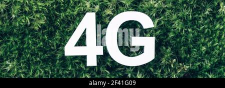Iscrizione 4G su muschio, sfondo verde erba. Vista dall'alto. Spazio di copia. Banner. Concetto di biofilia. Natura sfondo Foto Stock