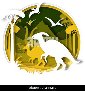 Sagome dino tagliate in carta e paesaggio naturale, illustrazione vettoriale. Dinosauro, animale selvatico rettile. Archeologia, storia Illustrazione Vettoriale