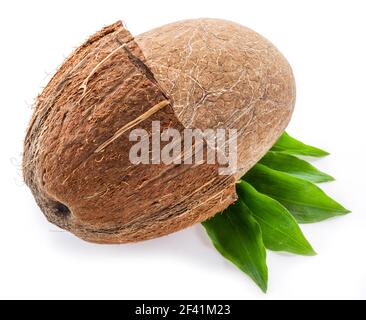 Dividere la frutta di cocco con il seme interno intero su foglie verdi isolate su sfondo bianco. Foto Stock