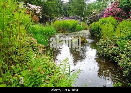 Una fontana in una piscina o stagno a Tatton Park, Cheshire Inghilterra, UK Foto Stock