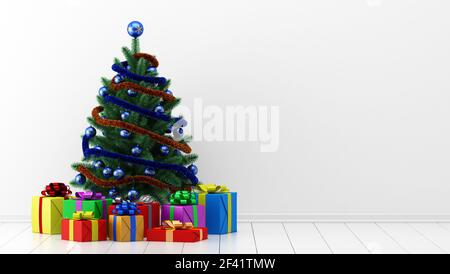Albero di Natale decorato con confezioni regalo in camera bianca. 3d illustrazione Foto Stock