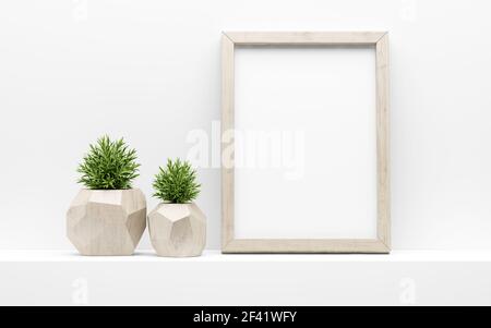 In legno cornice immagine mock up e verde di piante in vaso sul ripiano bianco. 3d illustrazione Foto Stock