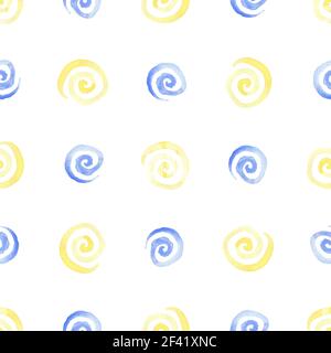 Acquerelli astratti seamless pattern con giallo e spirali blu su sfondo bianco Foto Stock