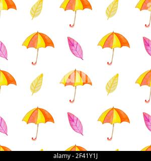 Acquerello autunno seamless pattern con orange ombrellone e foglie. Disegnata a mano sullo sfondo Foto Stock